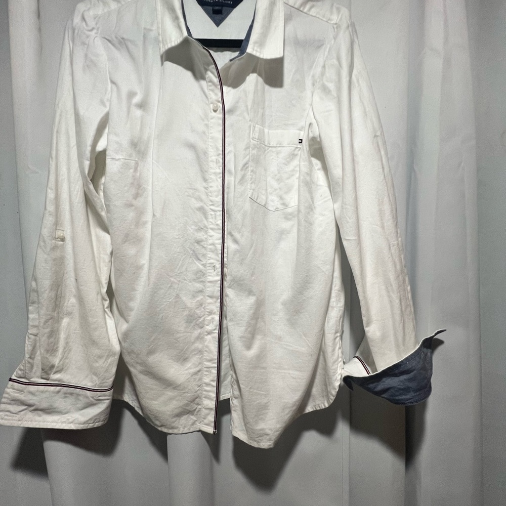 Tommy Hilfiger White Button-Down Shirt with Navy Accents Size Large - Picture 3 of 12
